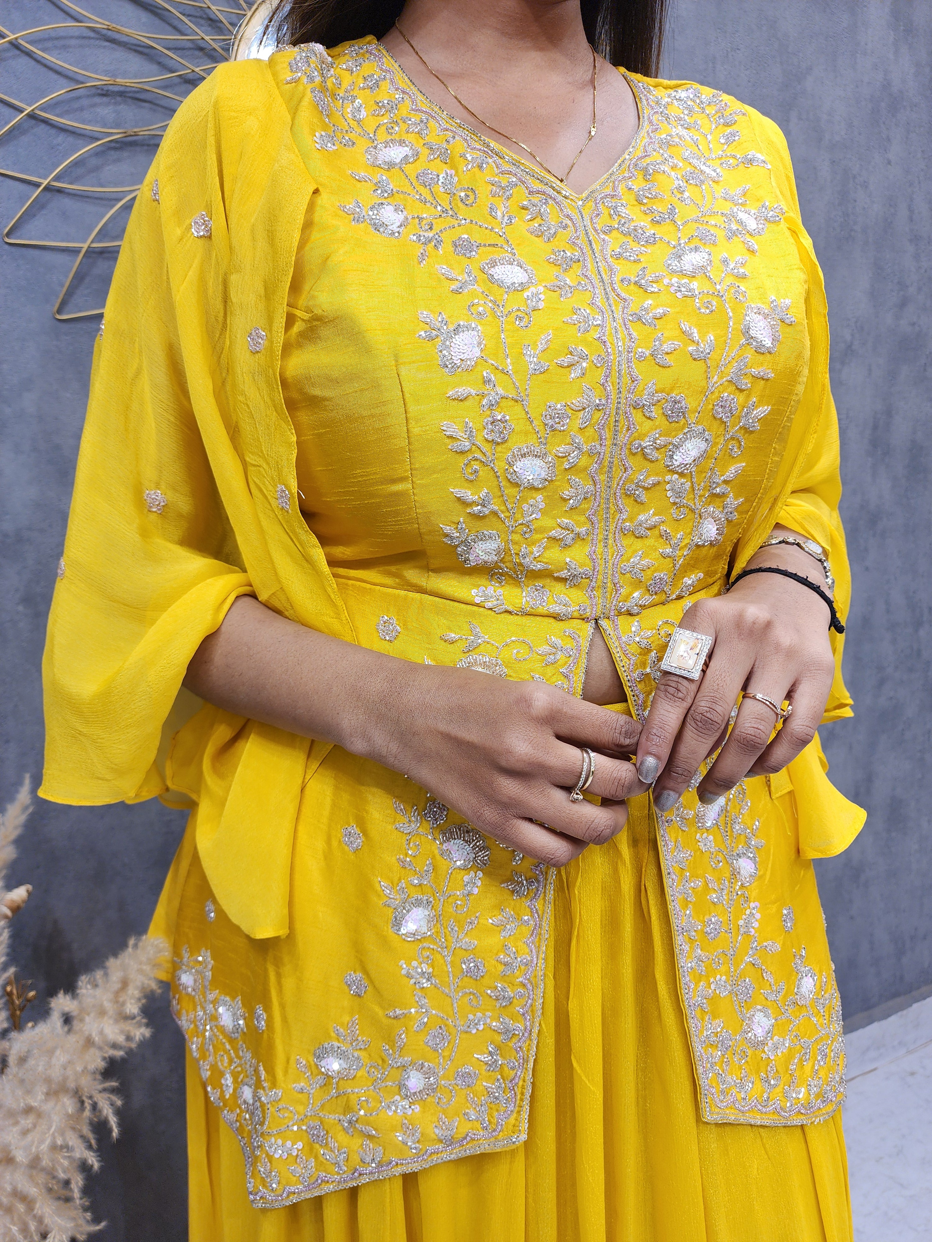 Buy Bright Yellow Dress With Peplum Top In Floral Motif Embroidery KALKI  Fashion India